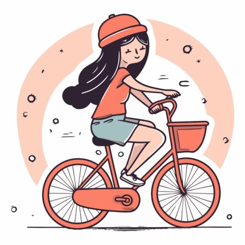 Cute girl riding a bicycle in cartoon style.