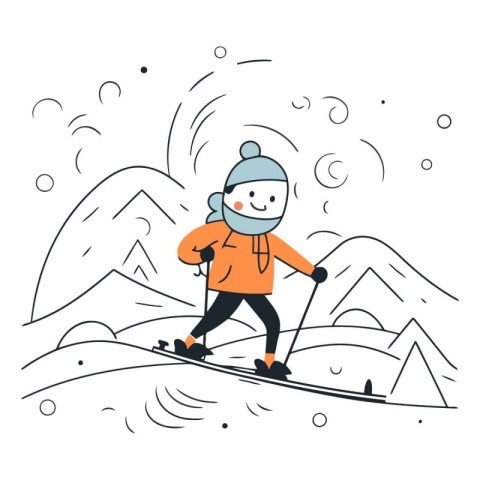 Vector illustration of skier in mountains. Winter sport and acti