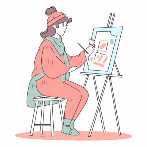 Young woman painting a picture on easel. Hand drawn vector illus