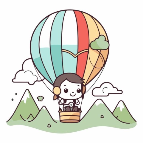 Cute cartoon girl flying on hot air balloon with mountain landsc