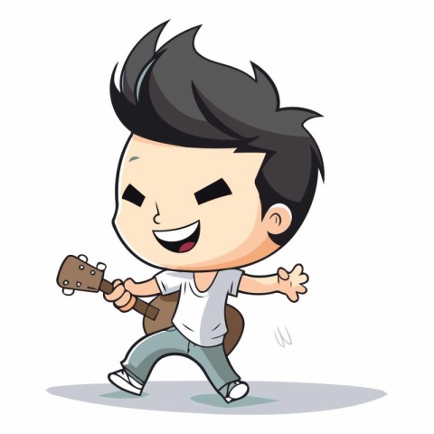 Boy Playing Guitar - Cute Cartoon Character Vector Illustration