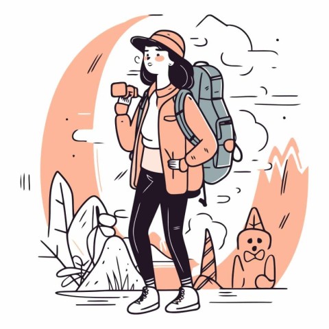 Traveler girl with backpack in a flat style.