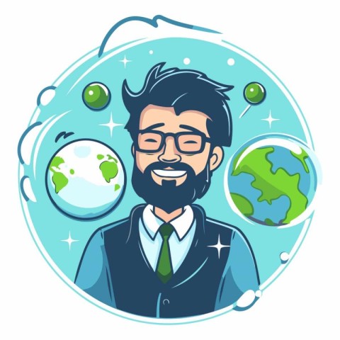 Vector illustration of businessman in glasses with globe and sta