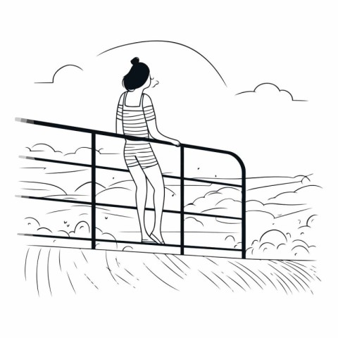 Young woman standing on the bridge and looking at the horizon.