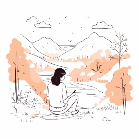 Girl sitting on the bank of the river and watching the landscape