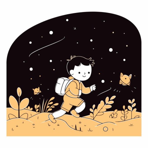 Illustration of a little boy running in the forest at night.