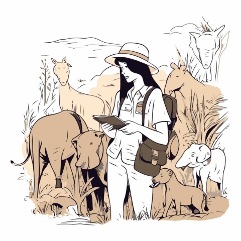 vector illustration of a safari woman with a map and her animals