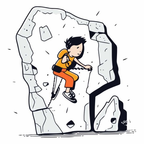 Illustration of a boy climbing on a rock. Cartoon style.