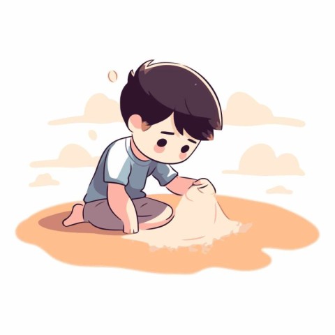 Cute little boy playing with sand on the beach.