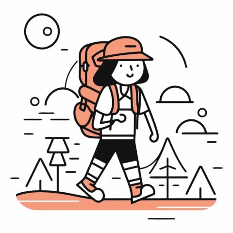 Vector illustration of a girl with a backpack in the forest. Lin