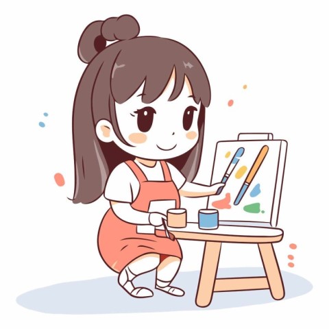 Illustration of a Cute Little Girl Drawing on an Easel