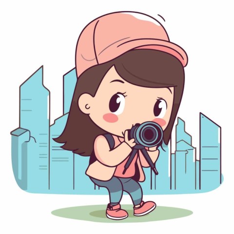 cute little girl taking picture with camera in the city vector i