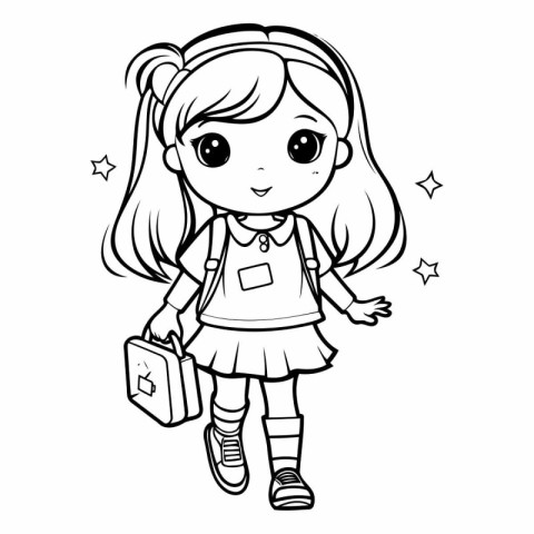 Vector illustration of Cute little girl with backpack. Coloring