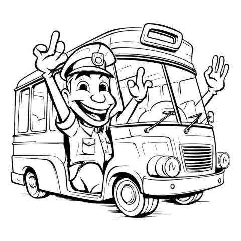 Black and White Cartoon Illustration of a School Bus Driver or P