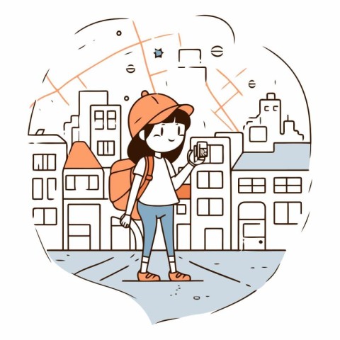 Vector illustration of a young woman with a backpack using a sma