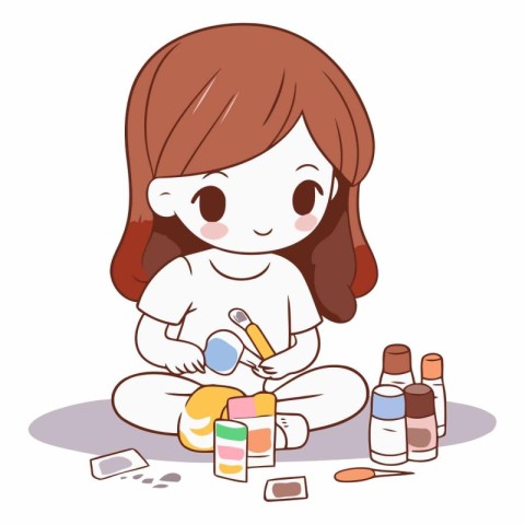 Illustration of a Cute Girl Playing with Her Cosmetic Products.