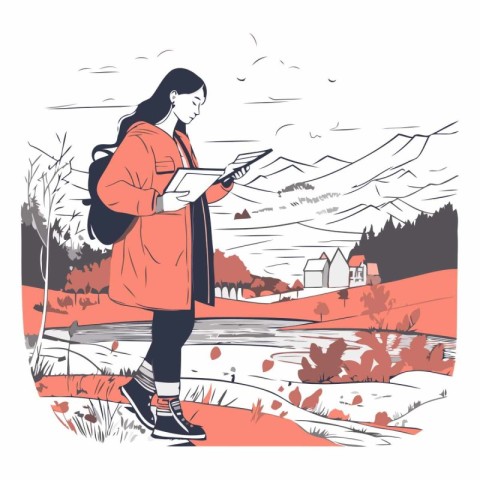 Vector illustration of a girl with a tablet in her hands on the