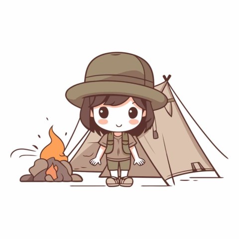 Cute little girl scout standing near campfire.