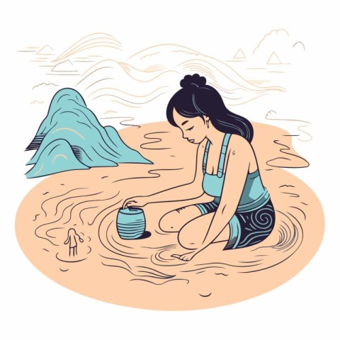 Vector illustration of a girl playing with water in the sand. Su