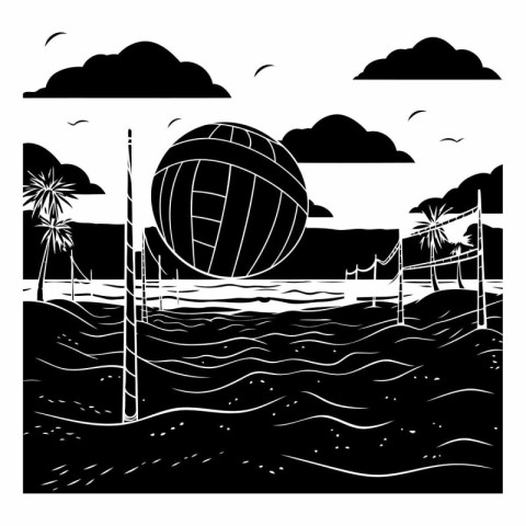 Volleyball in the sea. Black and white vector illustration.