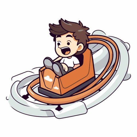 Cartoon boy riding a roller coaster isolated on white background