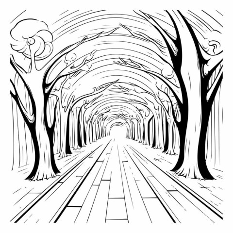 Tunnel of trees. Black and white vector illustration for colorin