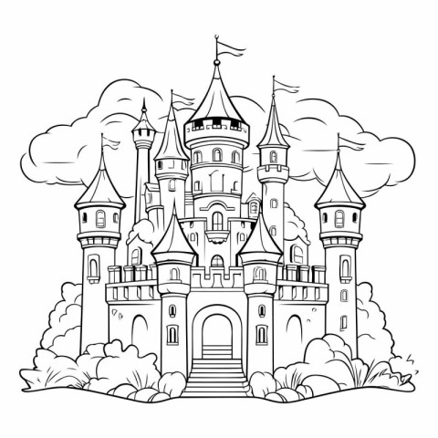 Fairytale castle. Fairy tale theme. Black and white vector illus