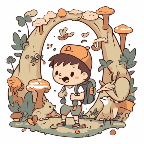 Cute boy hiking in the forest for your design