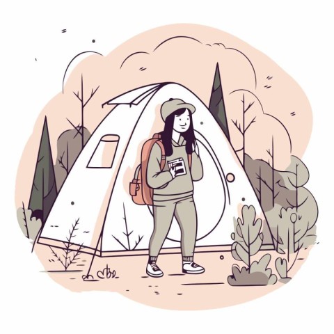 Young woman tourist with backpack and map standing near her tent