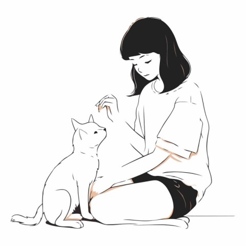 Vector illustration of a girl sitting with a cat in her lap.