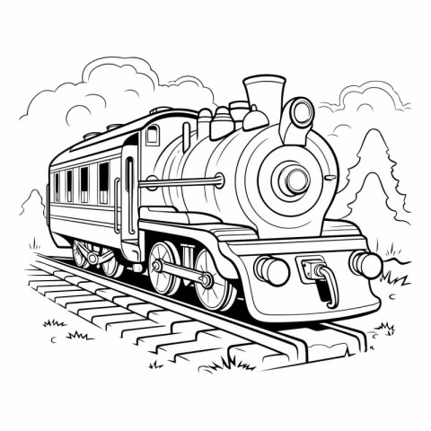 Steam locomotive on rails. Black and white vector illustration f