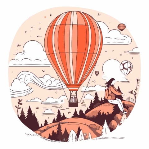 Vector illustration of a woman flying on a hot air balloon in th