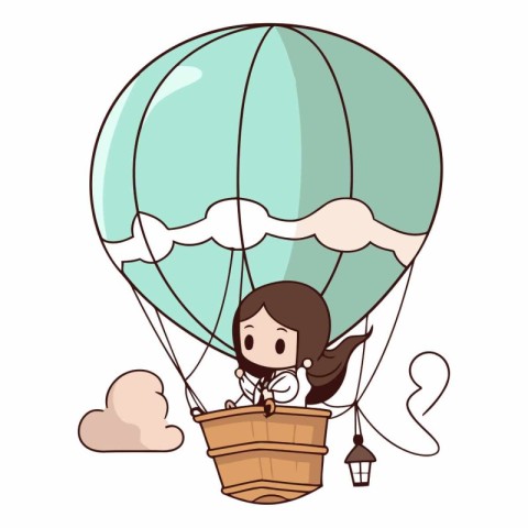 cute little girl in hot air balloon cartoon vector illustration