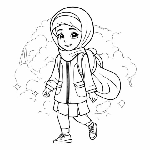 cute little girl with backpack and raincoat cartoon vector illus