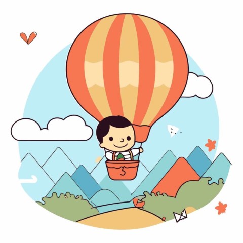 Boy flying on hot air balloon in the mountains.