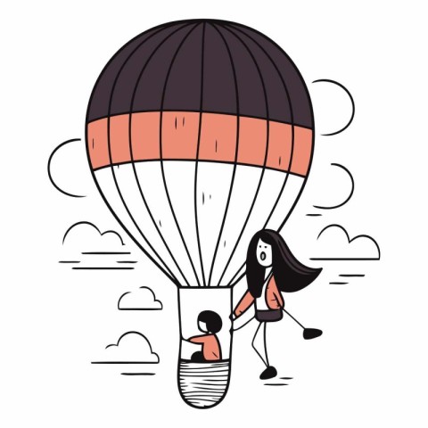 Businesswoman flying on hot air balloon in cartoon style.