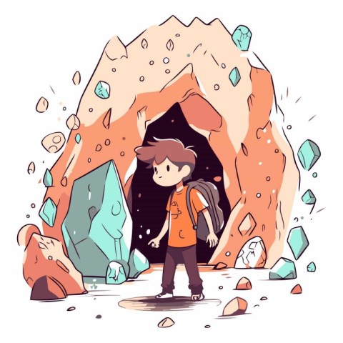 Vector hand drawn illustration of a boy climbing on the rocks in