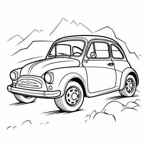 Vintage car in the mountains. Hand drawn vector illustration for