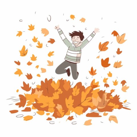 Happy young man jumping in the autumn park with falling leaves.