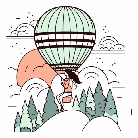 Vector illustration of a woman flying on a hot air balloon in th