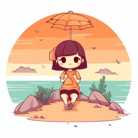 Little girl sitting on the beach with an umbrella.