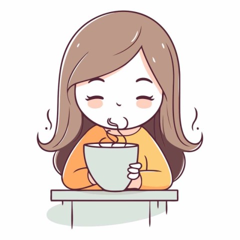 Illustration of a Cute Girl Drinking Tea from a Cup.