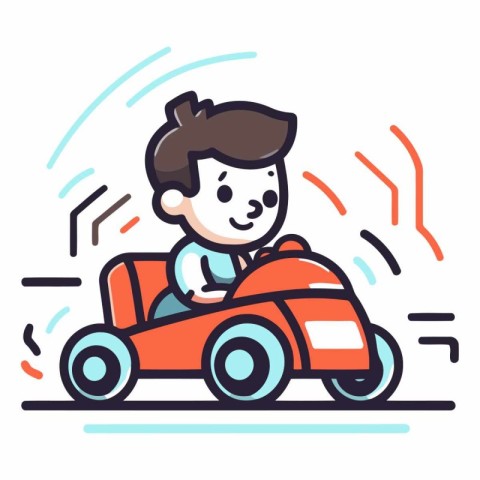 Boy driving a toy car in thin line style.