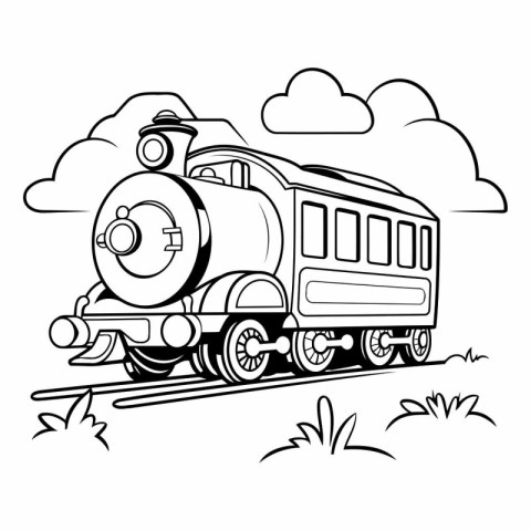 Steam locomotive on a background of clouds. Monochrome vector il