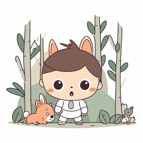 Cute little boy and rabbit in the jungle.