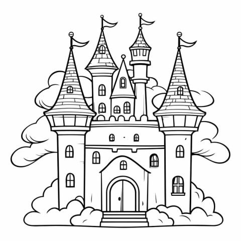 Fairytale castle. Fairytale castle. Black and white vector illus