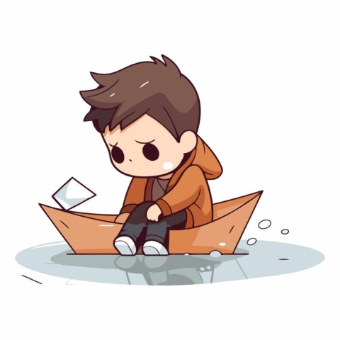 Boy sitting in a boat and looking at the map.