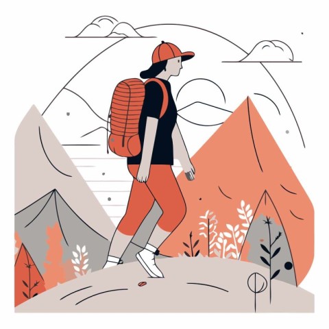 Vector illustration of a hiker with a backpack on the background