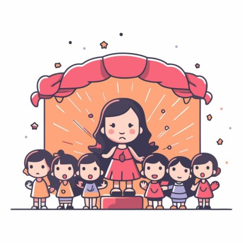 Cute little girl and her friends in cartoon style.