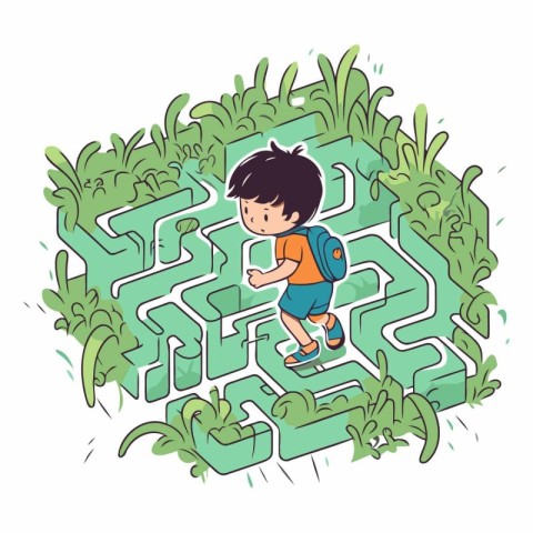 Cartoon boy playing with maze. Maze game for kids